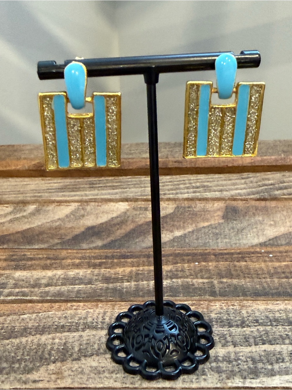 Vintage Turquoise Aqua Enamel Gold Tone Geometric Pierced Earrings